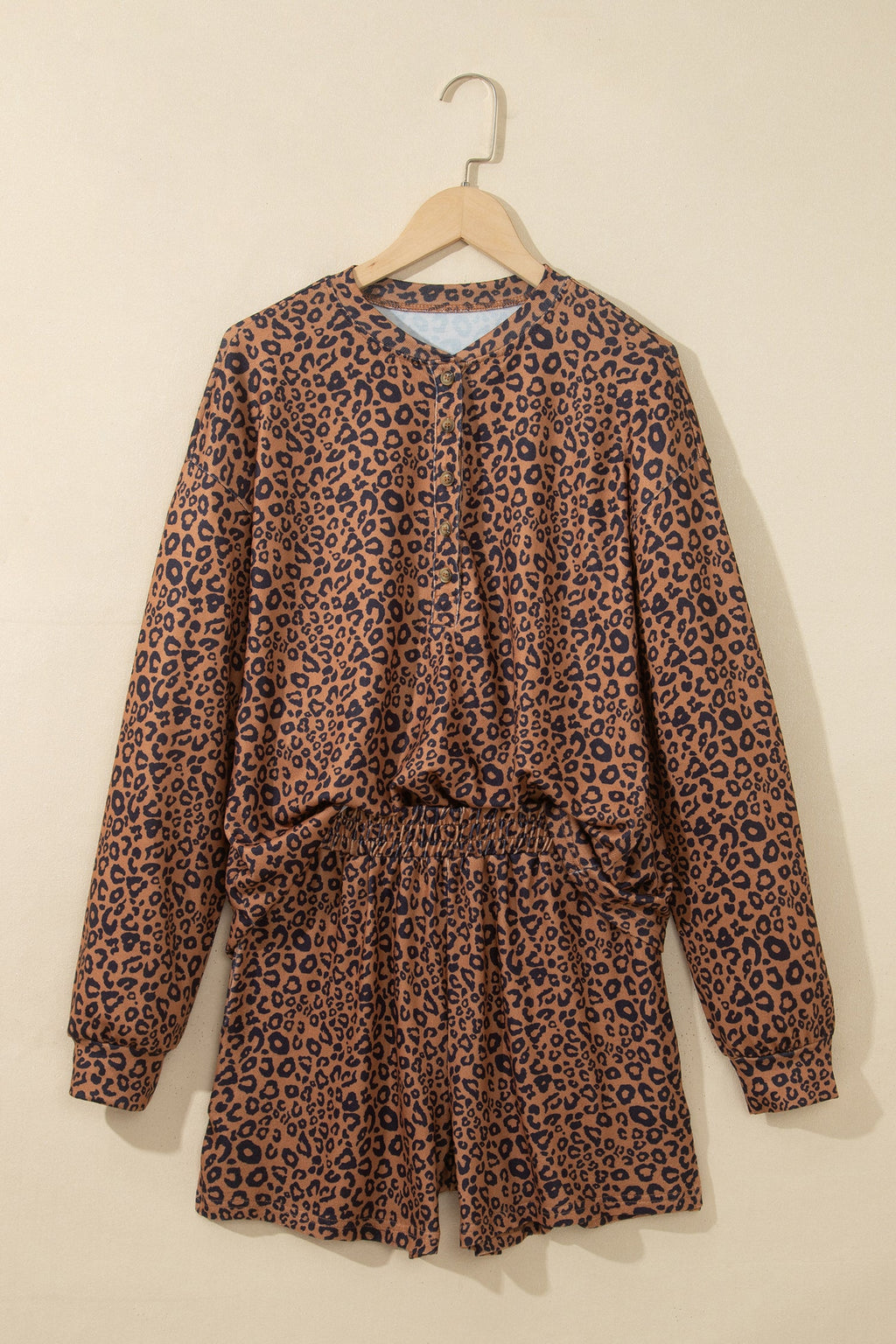 Brown Leopard Print Long Sleeve Henley Top Elastic Waist Shorts 2pcs Outfit