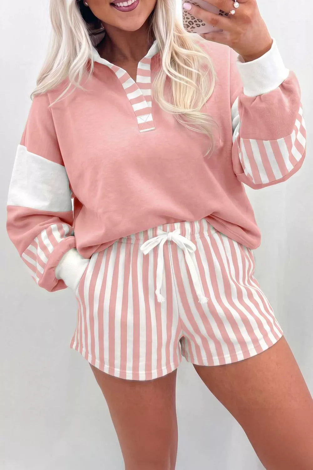 Color Block Polo Shirt and Drawstring Striped Shorts Set